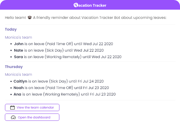 notifications Vacation Tracker for Microsoft Teams – Features
